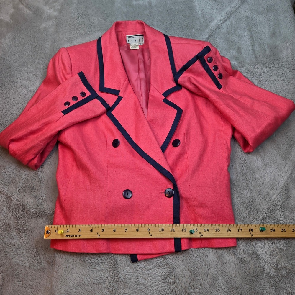 Ann Tjian for Kenar Blazer Women 10 Pink Linen Double Breasted Navy Trim Vintage